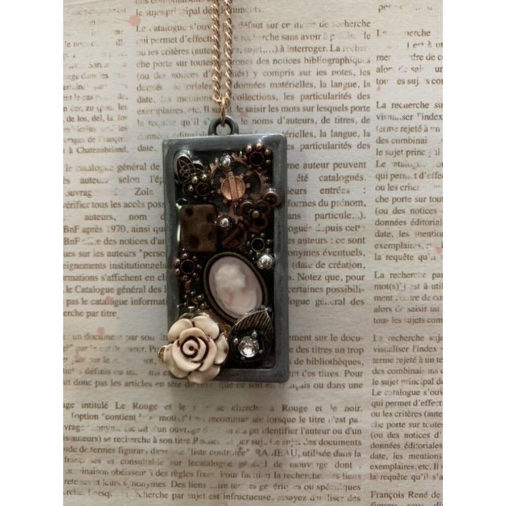 Steampunk Lady cameo rectangle necklace